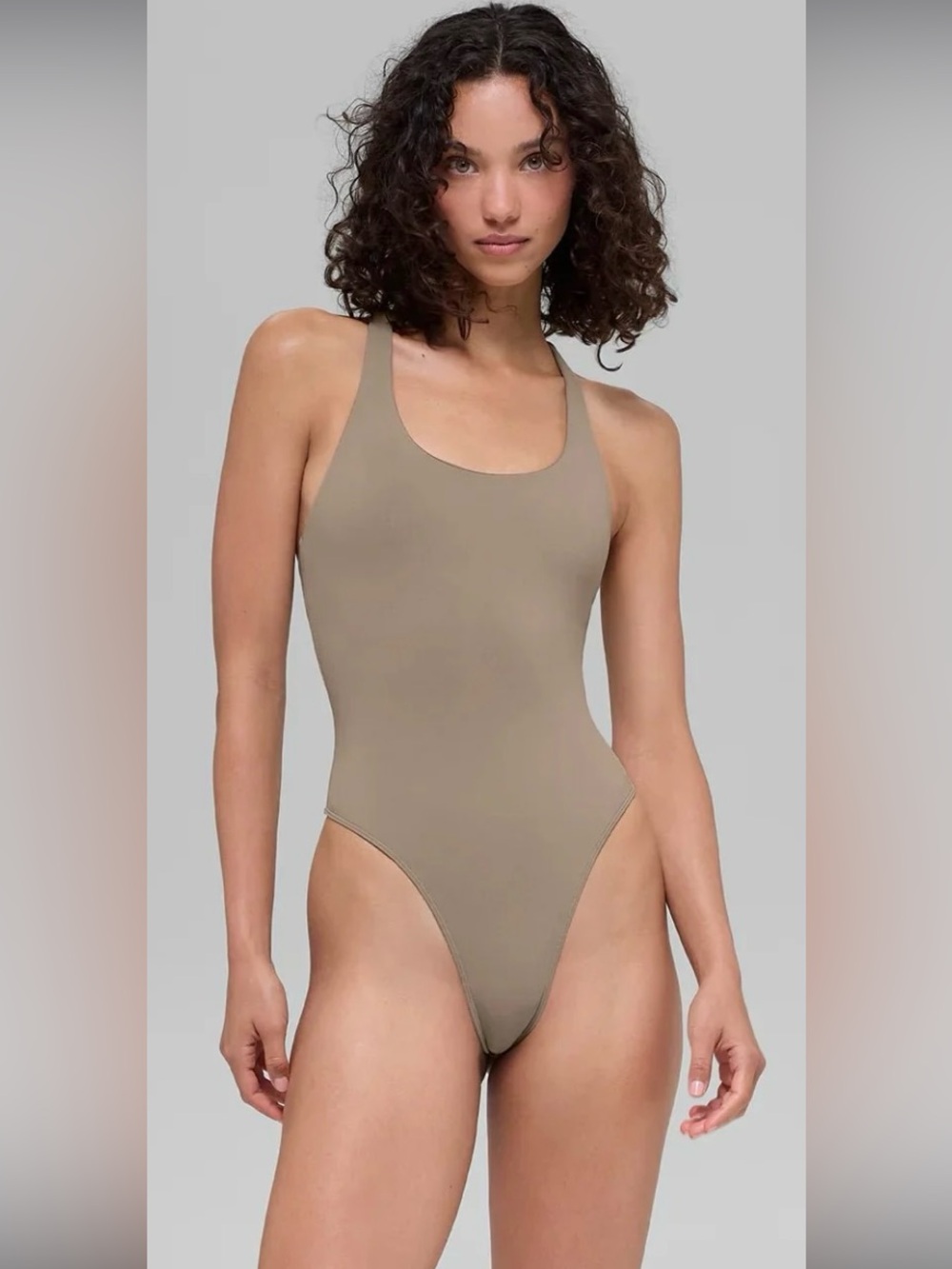 ALO Yoga Taupe Scoop Neck High-Cut Bodysuit taupe size large